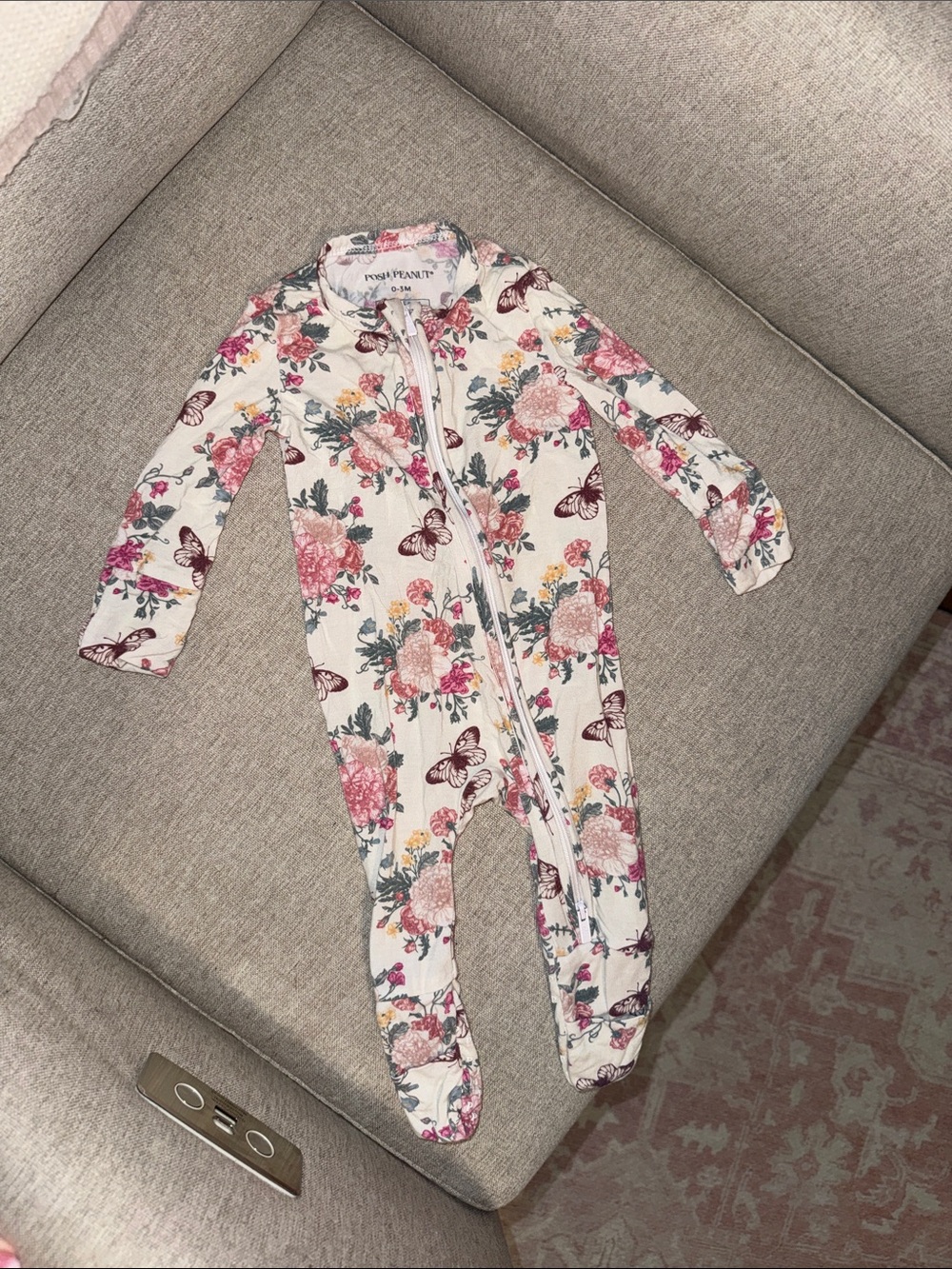 Posh Peanut Floral & Butterfly Zip Footed One-Piece — White with Pink Accents